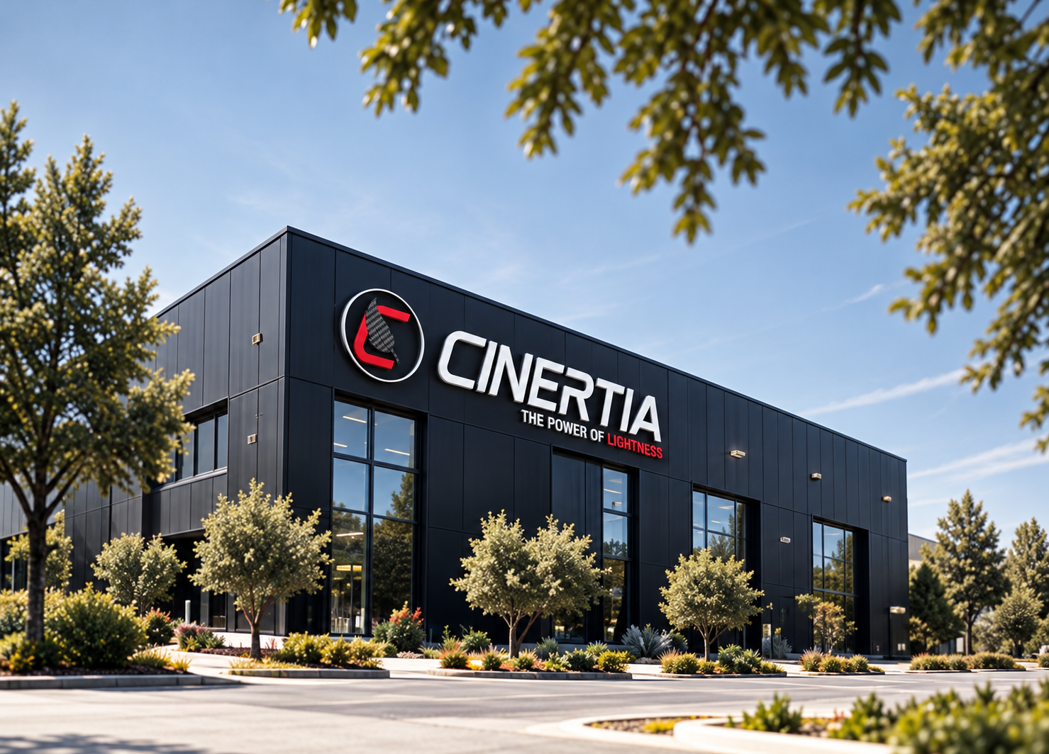 Modern building with the CINERTIA logo on its facade