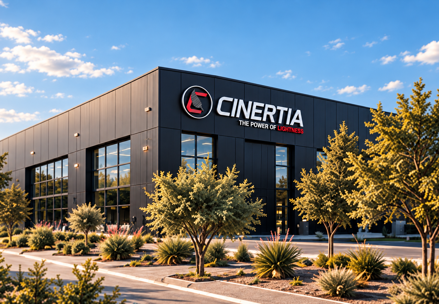 Modern industrial building with CINERTIA signage