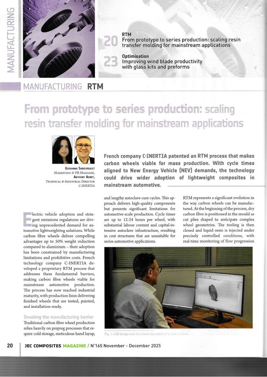 First page of the C-INERTIA technical article in JEC Composites Magazine, issue 165, November–December 2025.