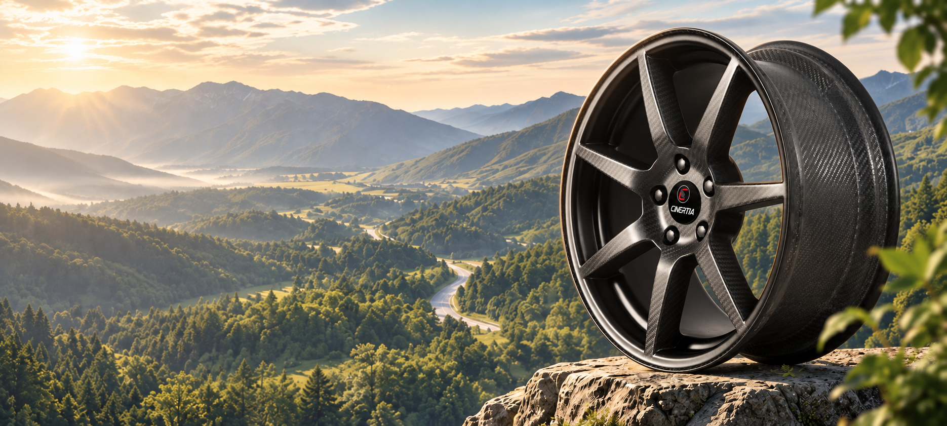 C-INERTIA C3 carbon wheel overlooking a mountain valley