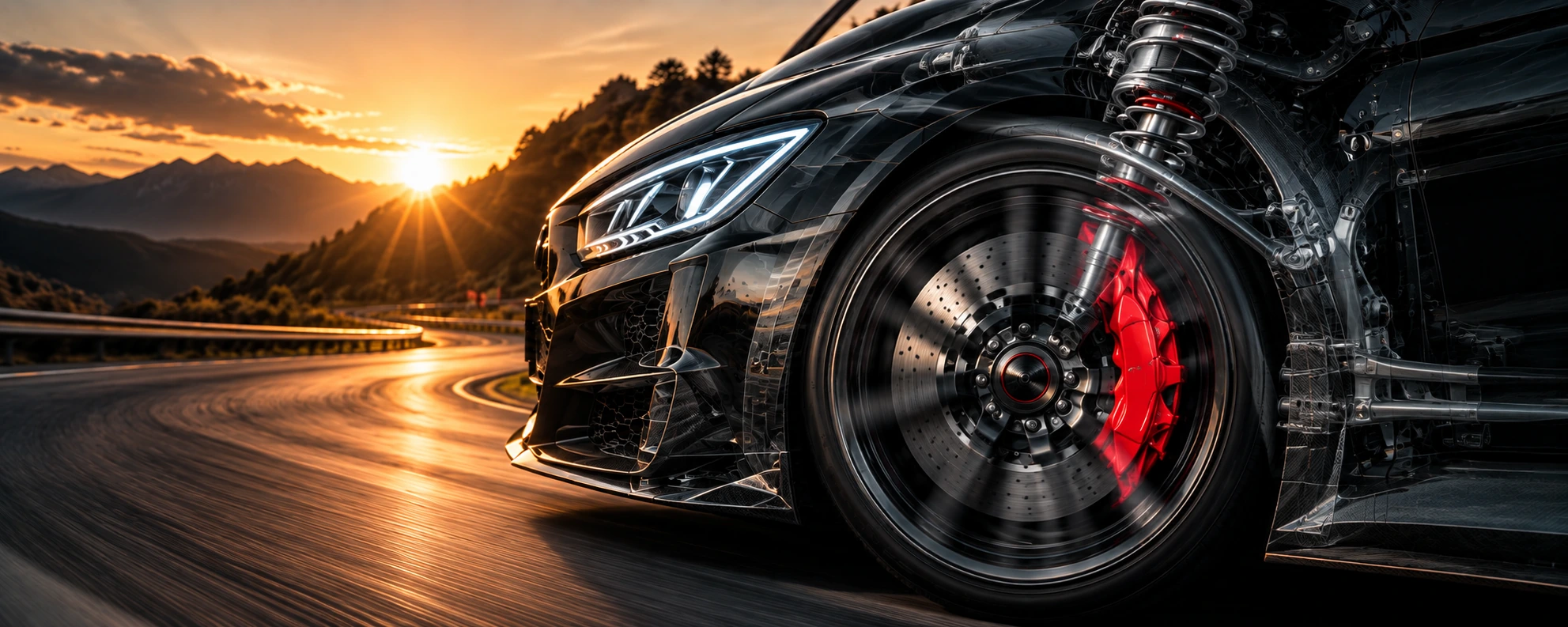 Front suspension, brake and wheel in motion